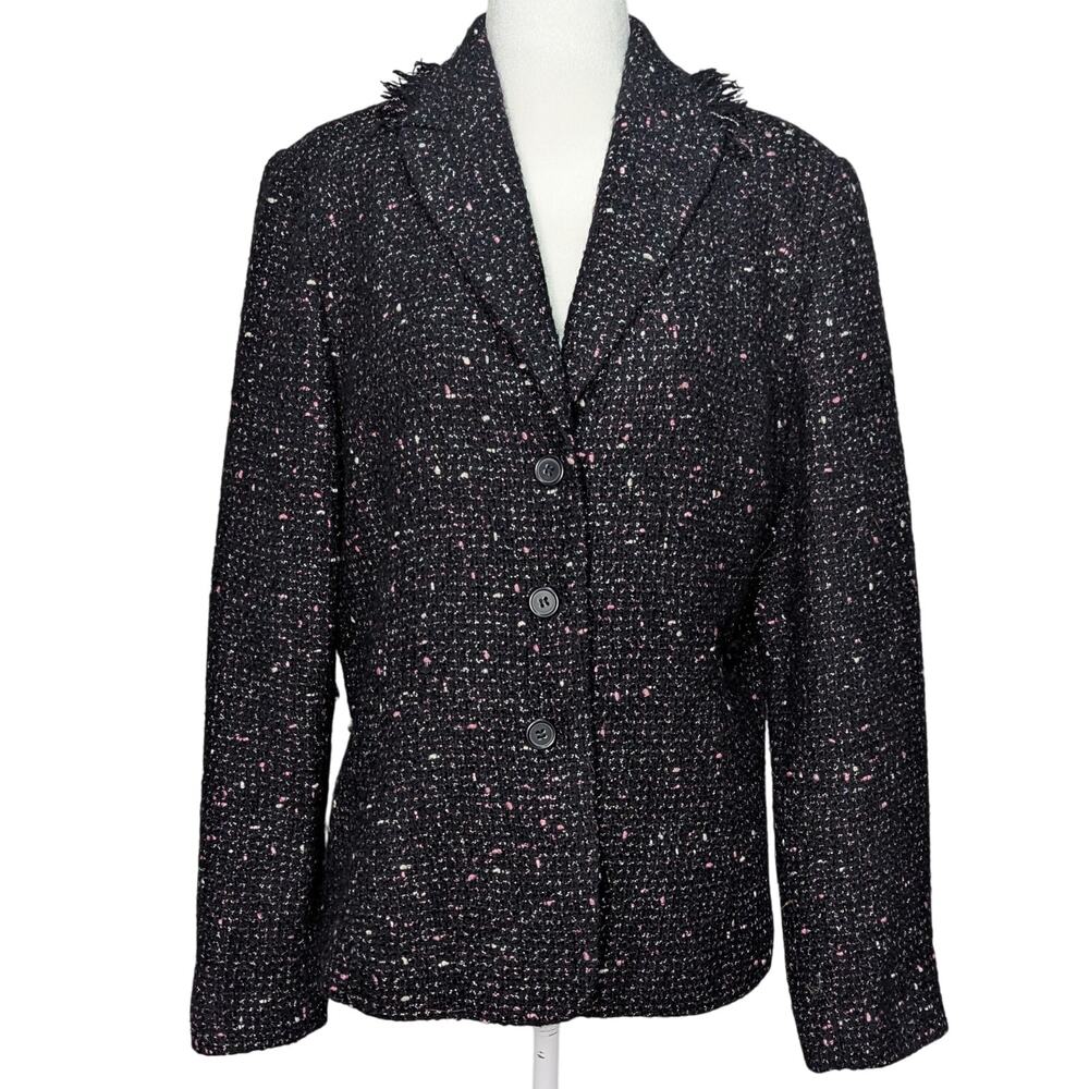 Apostrophe Black & Pink Wool Blend Tweed Fringed Collar Button Up Blazer Size 14